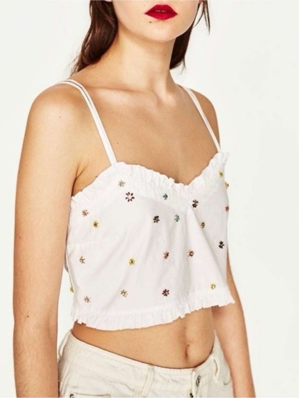 Zara White Beaded Cropped Tank Top Embroidered Summer Boho Large L